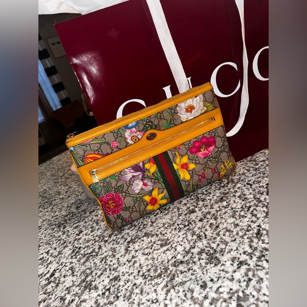 GG Supreme Monogram Flora Large Ophidia Pouch Clutch Yellow
